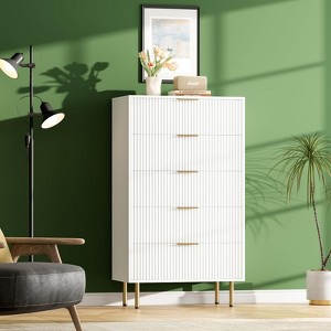 Fluted Wood Dresser 5 Drawers Dresser for Bedroom, Modern Chest of Drawers, Tall Brown Dresser with Faux Marble Top - 1 of 4