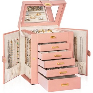 Leather Jewelry Box with Mirror - Multi-Compartment Organizer for Rings & Necklaces, Black - 1 of 4