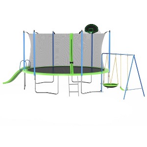 JOYRACER 12FT Trampoline with Slide, Swings, Basketball Hoop & Ladder, Outdoor Large Backyard Recreational Trampoline with Net for Kids & Adults,Green - 1 of 4
