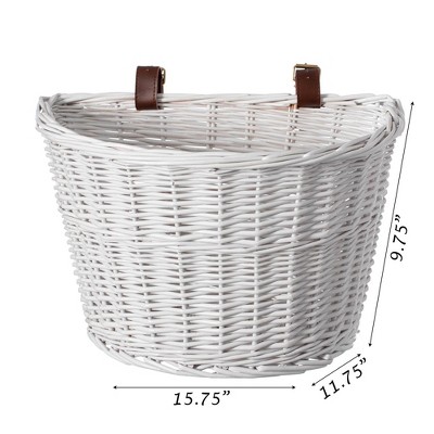 White Wicker Front Cargo Bike Basket with Faux Leather Straps