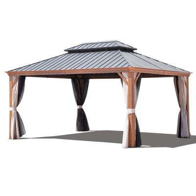 COWLOWN 12' X 16' Permanent Double - Tier Hardtop Gazebo in Aluminum Metal with Reinforced Galvanized Steel Roof for Patio, Deck, Lawn & Backyard