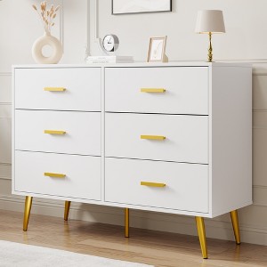 Garvee Modern Wooden Dresser with Gold Handles, White 6 Drawer Dresser with Storage Space, Chest Dresser with Deep Drawers for Bedroom - 1 of 4
