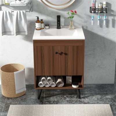 Phiestina 19" W Wooden Bathroom Vanity Cabinet with Sink,  Walnut Finish, Complete Set with Storage, Faucet & Pop-Up Drain, 2-Box Delivery