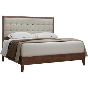 Wood Platform Bed Frame Upholstered Tufted Headboard, Solid Wood Bed - 1 of 4