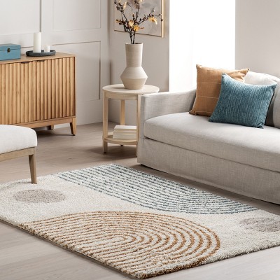 Grecia Beige and Blue Abstract 4' x 6' Shag Area Rug
