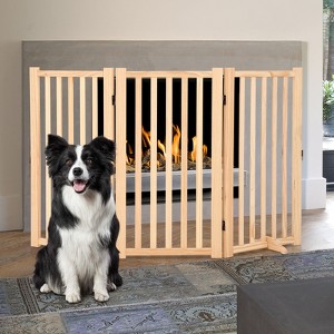 Wooden Freestanding Pet Gate, Dog Fence for Stairs or Doorways, 3/4 Panels Step Over Fence with Support Feet for Hallway, 3 Panel H:24” - 1 of 4