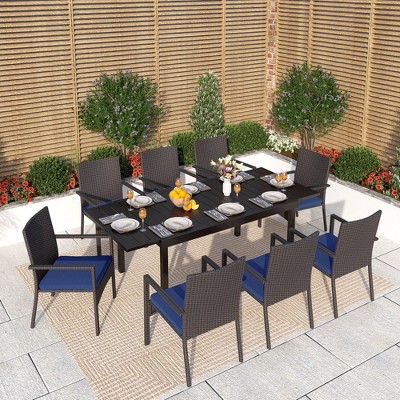 Captiva Designs 9pc Spacious Slat-top Rectangle Expandable Metal Table & Rattan Chairs with Removable Cushions