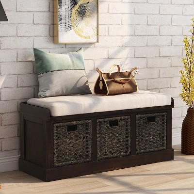 Rustic Storage Bench with 3 Removable Classic Rattan Basket , Entryway Bench Storage Bench with Removable Cushion (White)