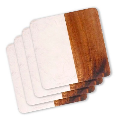 Slickblue Set of 4 Marble & Acacia Coaster, 4" Round/Square, White/Black with Padded Feet, Stylish Gift