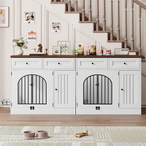37 Inch Wooden Dog Crate Furniture – Multi-Functional Kennel with Storage & 360° Rotating Bowls, for Small to Large Dogs - 1 of 4