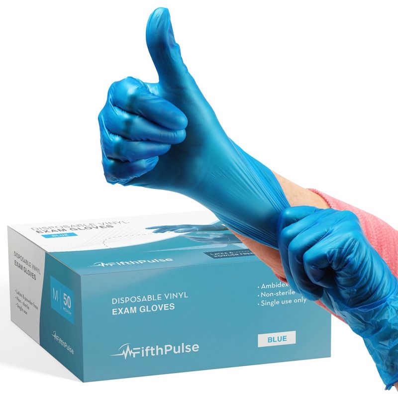 FifthPulse Disposable Vinyl Exam Gloves, Blue, Box of 50 - Powder-Free, Latex-Free, 3-Mil Thickness, 1 of 6