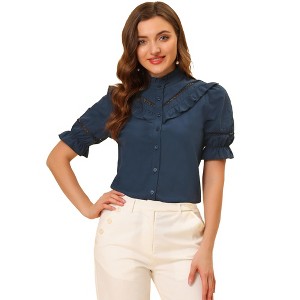Allegra K Women's Office Short Sleeve Ruffle Stand Collar Lacework Button Down Shirt - 1 of 4