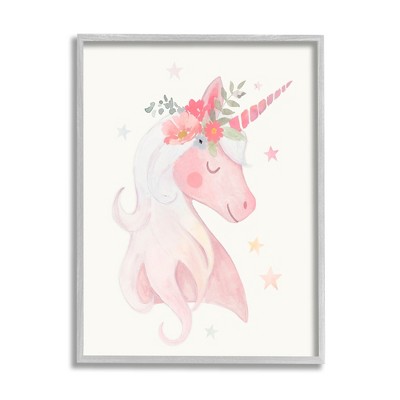 Stupell Industries Pastel Smiling Unicorn Pink Flower Blossom Crown Framed Giclee Art