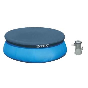 INTEX 8' x 30" Easy Set Inflatable Above Ground Portable Outdoor Family Swimming Pool with Cartridge Filter Pump with GFCI and Vinyl Round Cover Tarp