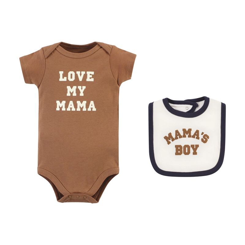 Hudson Baby Infant Boy Cotton Sleep and Play, Bodysuit and Bandana Bib Set, Brown Navy Mamas Boy, 3 of 5