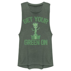 Juniors Womens Marvel Groot St. Patrick's Day Get Your Green On Festival Muscle Tee - 1 of 4