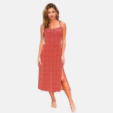 Cupshe Women's Floral Print Tie-Strap Midi Dress-L-Red : Target