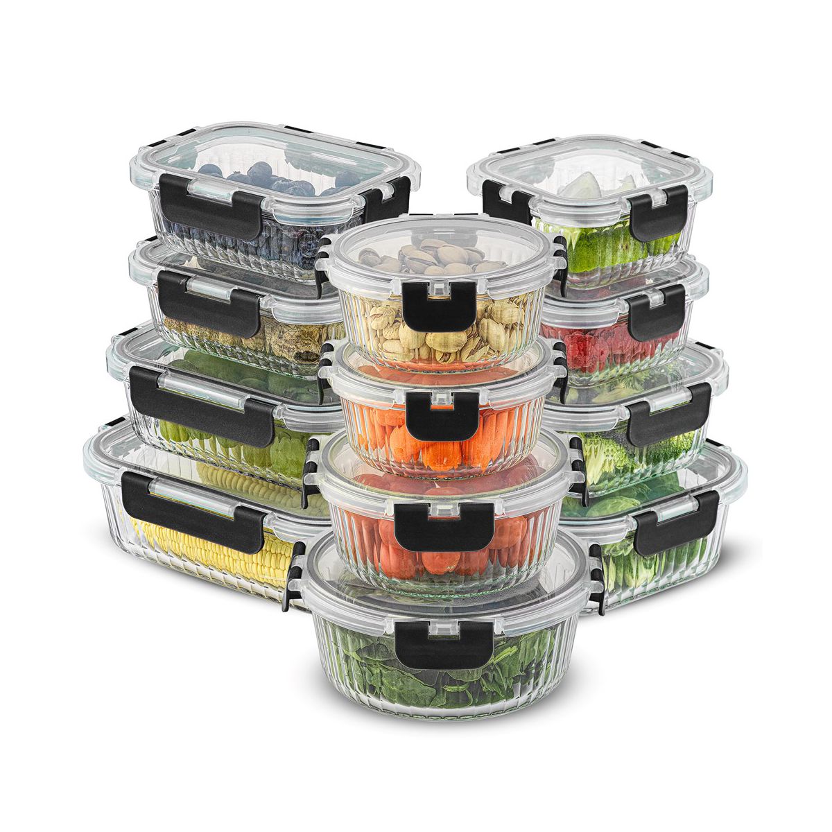 JoyJolt 24 Piece Fluted Glass Food Storage Containers with Leakproof Lids Set - Black