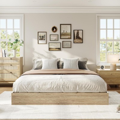 Nasitip Wood Bed Frame, Floor Standing Bed Frame with Wooden Slat,No Box Spring Needed,Modern Minimalist Bedroom Furniture for Apartments, Dorms
