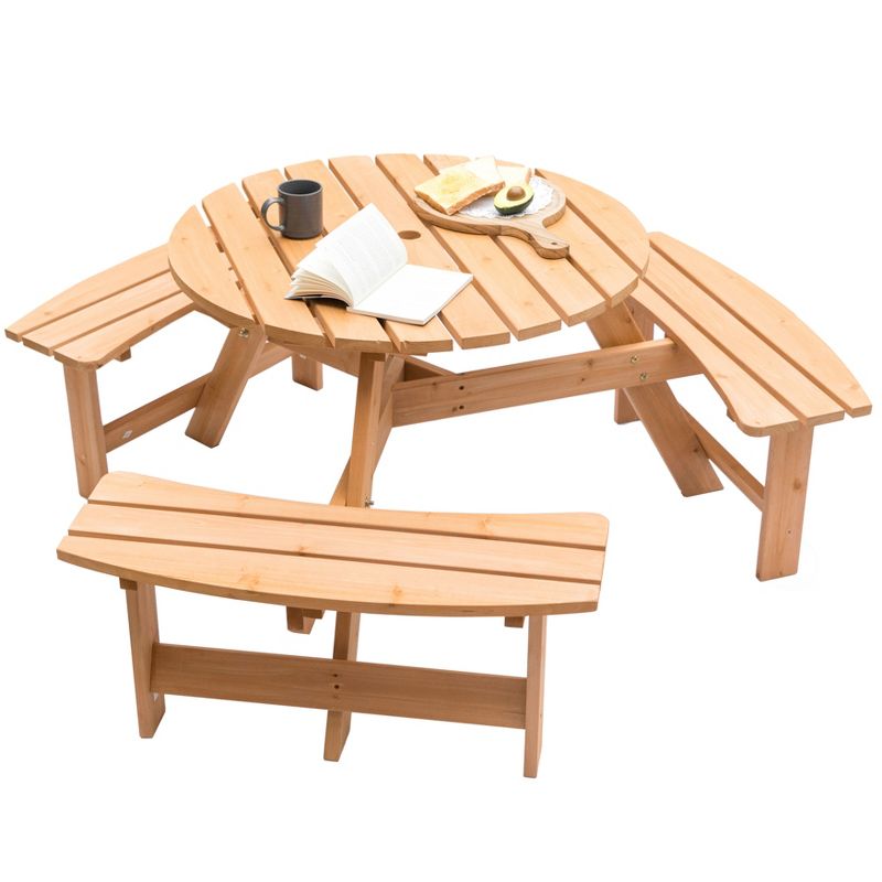 GardenisedWooden Outdoor Round Picnic Table with Bench for Patio, 6- Person with Umbrella Hole, 6 of 14