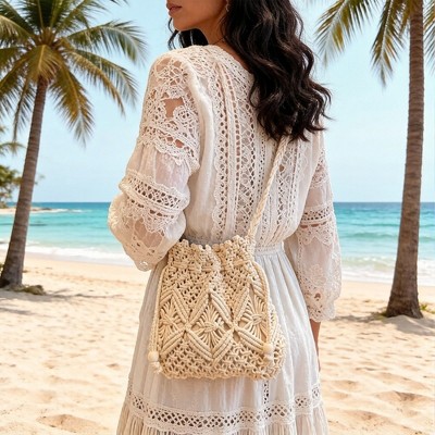 Сумки Alilang Macrame Bucket Bag Knotted Rope Handbag Drawstring Shoulder Bag Textured Woven Crossbody Style Lightweight Boho Purse - Light Beige — фото 6