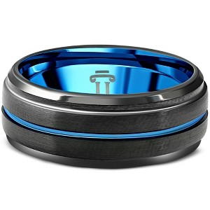 Pompeii3 Men's Black & Blue Tungsten Ring Brushed Beveled Step Cut Wedding Band - 1 of 4