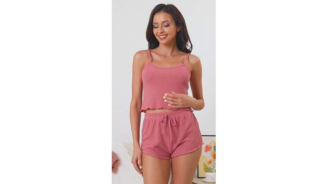 cheibear Women's Knit Spaghetti Strap Cami Tops Shorts Lounge pajama Set, 2 of 6, play video