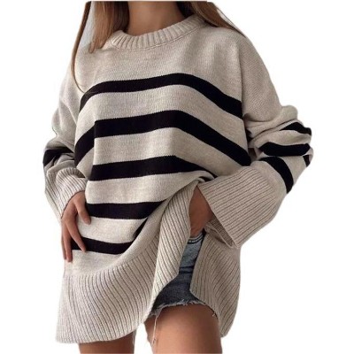 Women's Long Sleeve Round Neck Striped Print Long Knit Sweater with Side Slits,XL,Apricot