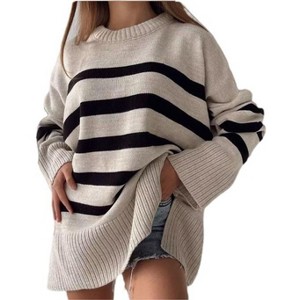 Women's Long Sleeve Round Neck Striped Print Long Knit Sweater with Side Slits,XL,Apricot - 1 of 3