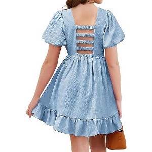 Arshiner Girls Summer Cut-Out Back A-Line Dress Puff Sleeves Square Neckline Flounce Hem Dresses - 1 of 4