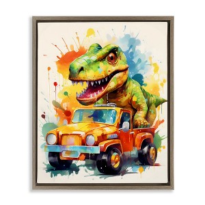 Stupell Industries Riding In Back Dino Car Floating Frame Canvas Art - 1 of 4