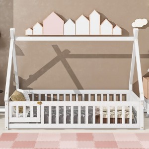 CAVINAS Twin/Full Size Bed Frame with Tent-Shaped Roof & Guardrails,Modern Floor Bed for Kids Room,Bedroom - 1 of 4