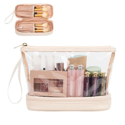 Paaaawaters Stripe Makeup Brush Organizer Bag Travel Make up Bags for Women Double Layer Makeup Pouch for Girls/Women