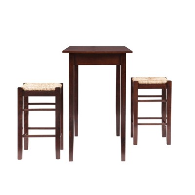 Espresso Brown Wood Counter Height Table Set with Rush Seat Stools