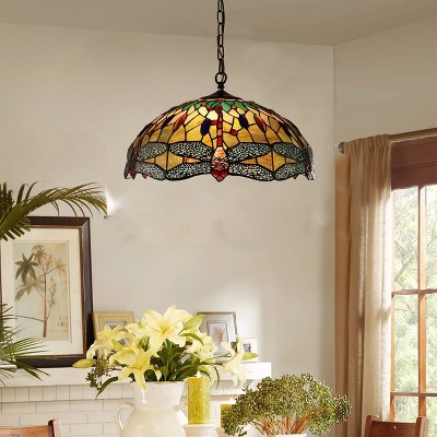 Empress Tiffany-Style Bronze Dragonfly Glass Pendant Lamp