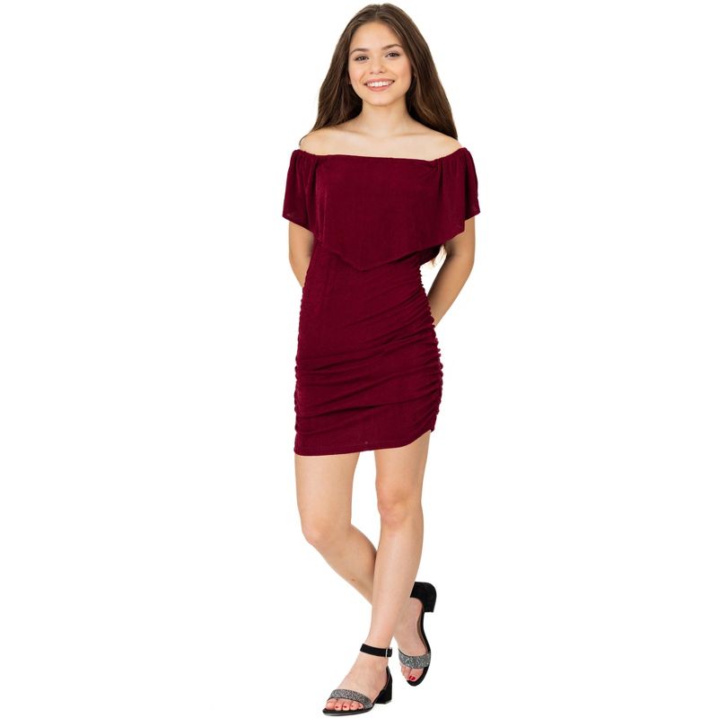 24seven Comfort Apparel Girls Off The Shoulder Rouched Party Dress, 2 of 5