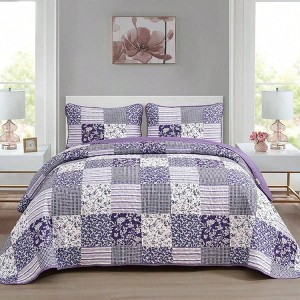 Purple Quilt Set Queen, 3 - Piece Boho Floral Plaid Bedding for All Seasons - 1 of 4