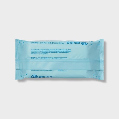 A blue package of fragrance-free baby wipes labeled with "100 WIPES" and "DO NOT FLUSH," showing dimensions of 6 3/4 x 7 1/2 inches (17.1 cm x 19.0 cm).