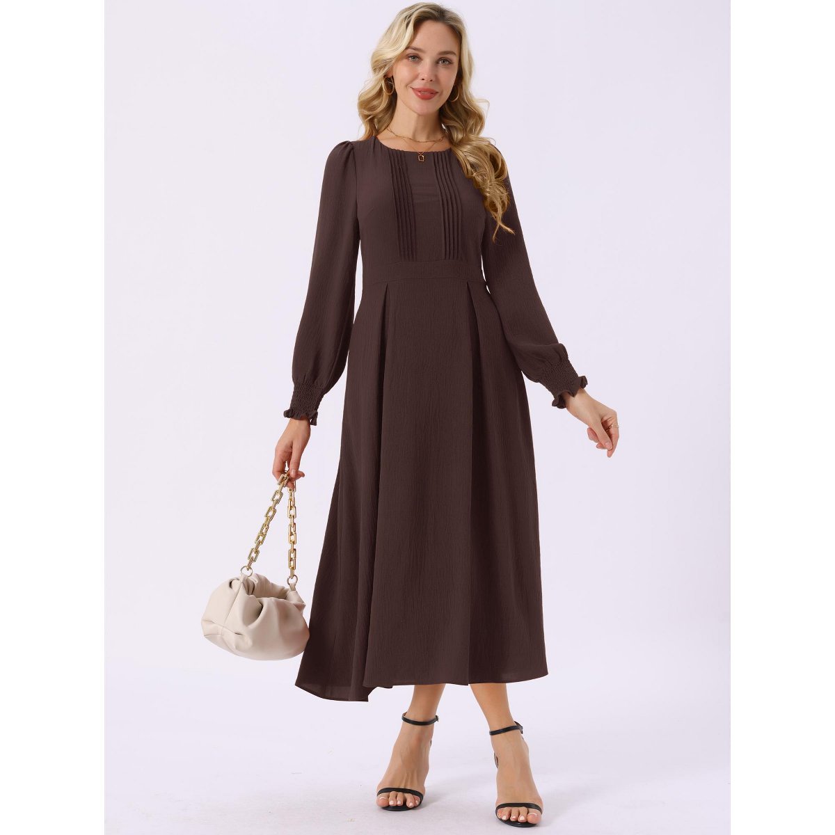Женские платья INSPIRE CHIC Women's Elegant Frilled Crewneck Midi Long Sleeve Pleated A-Line Flowy Dress with Pockets Coffee Large — фото 3