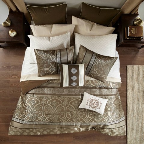 Madison Park Dennie California King 16pc Jacquard Bedding Set Brown: Hypoallergenic, Embroidered, 170 Thread Count