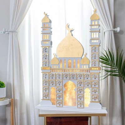 Ramadan Countdown Calendar, Wooden Castle LED Wooden Advent Calendar Cabinet for Farmhouse Tables Bookshelve Multi Functional Cabinet Decoration