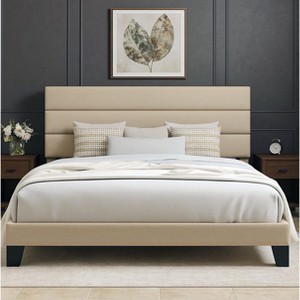 Bed Frame with Upholstered Headboard, Wooden Slats Support Black Mattress Foundation - 1 of 4