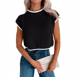 Clearlove Womens Summer Cropped Sweater Vest Trendy Cap Sleeve Crop Tops Crew Neck Loose Knit Tank Top - 1 of 4