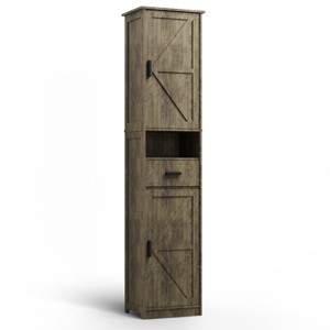 GlasFlength Decorative Storage Cabinets 69" H Tall Bathroom Storage Cabinet with 2 Barn Doors and 1 Drawer Narrow Storage, Brown, 16.34"*7.09"*48.03" - 1 of 4