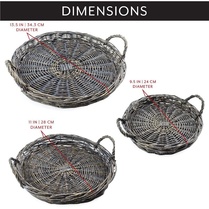 AuldHome Design Rustic Willow Basket Trays, Set of 3 (Round, Gray Washed); Natural Wicker Decorative Farmhouse Trays, 2 of 7