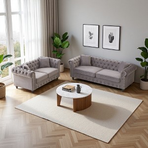 3+2 Velvet Modern Sofa with Tufted Buttons, Rolled Arms & 4 Cushions - 1 of 4