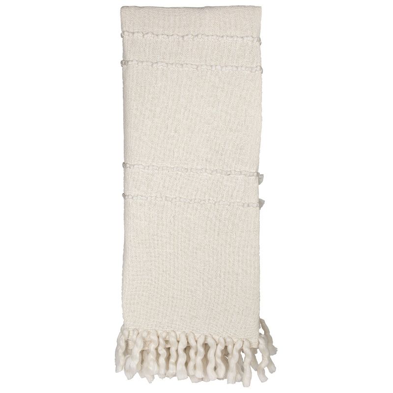 Hand Woven Yarn Fringe & Striped Throw Blanket White Cotton & Acrylic by Foreside Home & Garden, 4 of 6