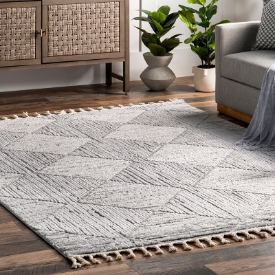 Light Grey Geometric Synthetic Tasseled Area Rug Runner