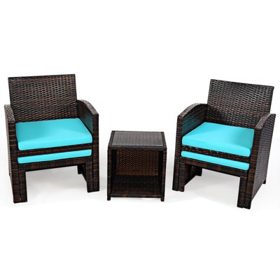 Tangkula 5 PCS Patio Rattan Wicker Furniture Set Chair Coffee Table Kit w/Soft Cushion Ottoman Gray/Turquoise/White/Red