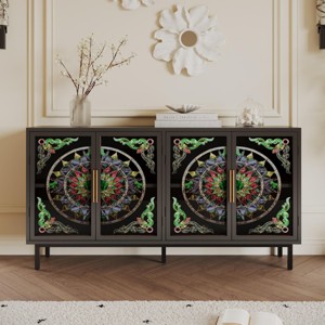 60" Artistic Decorative Storage Cabinet with Tropical Glass Doors, Retro Sideboard Buffet Cabinet for Living Room or Dining Room-Panipeachy - 1 of 4